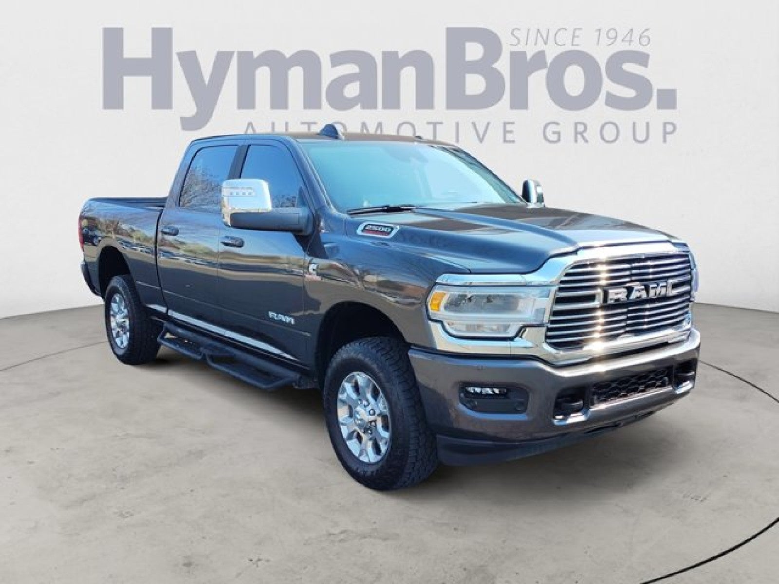 2024 RAM 2500 Laramie 4x4 Crew Cab | Diesel in Granite Crystal Metallic Clearcoat — front three-quarter view